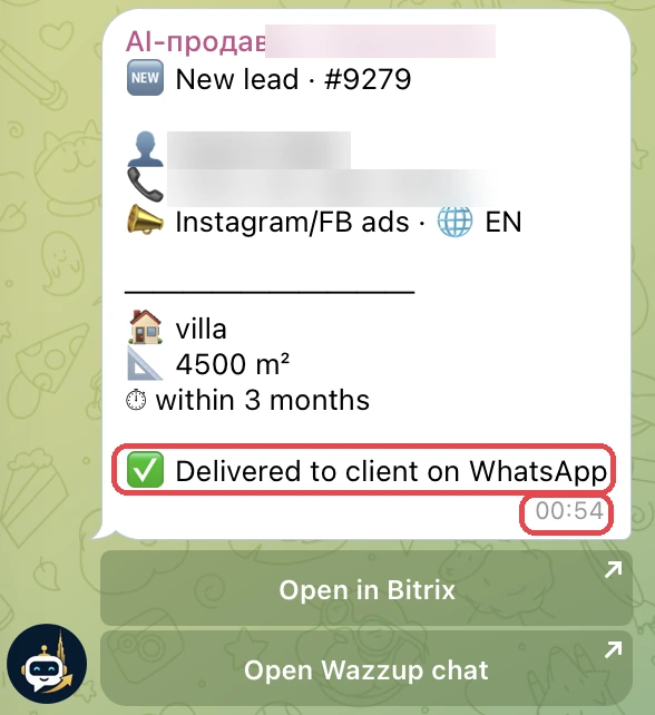 Карточка нового лида в Telegram: вилла 4500 м², лид пришёл в 00:54 ночи, первое сообщение уже доставлено клиенту в WhatsApp