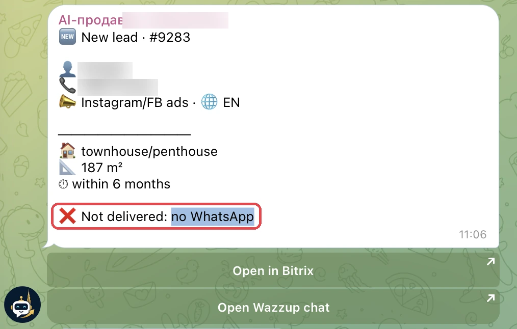 Карточка лида в Telegram со статусом Not delivered: no WhatsApp. У лида с рекламы нет WhatsApp, собственник видит это сразу