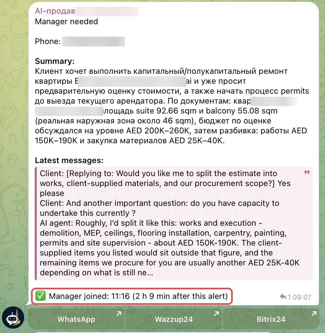 Telegram-уведомление менеджеру: резюме диалога о капитальном ремонте квартиры с бюджетом AED 200–260K, последние сообщения и кнопки WhatsApp, Wazzup24, Bitrix24