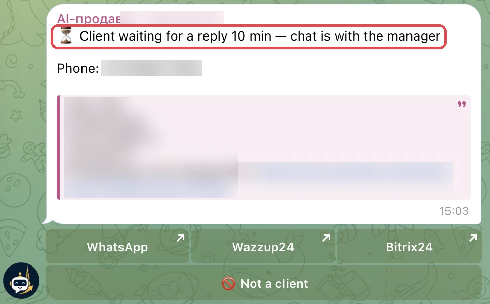 Telegram-напоминание: клиент ждёт ответа 10 минут, диалог у менеджера, с телефоном клиента и его последним сообщением с адресом виллы