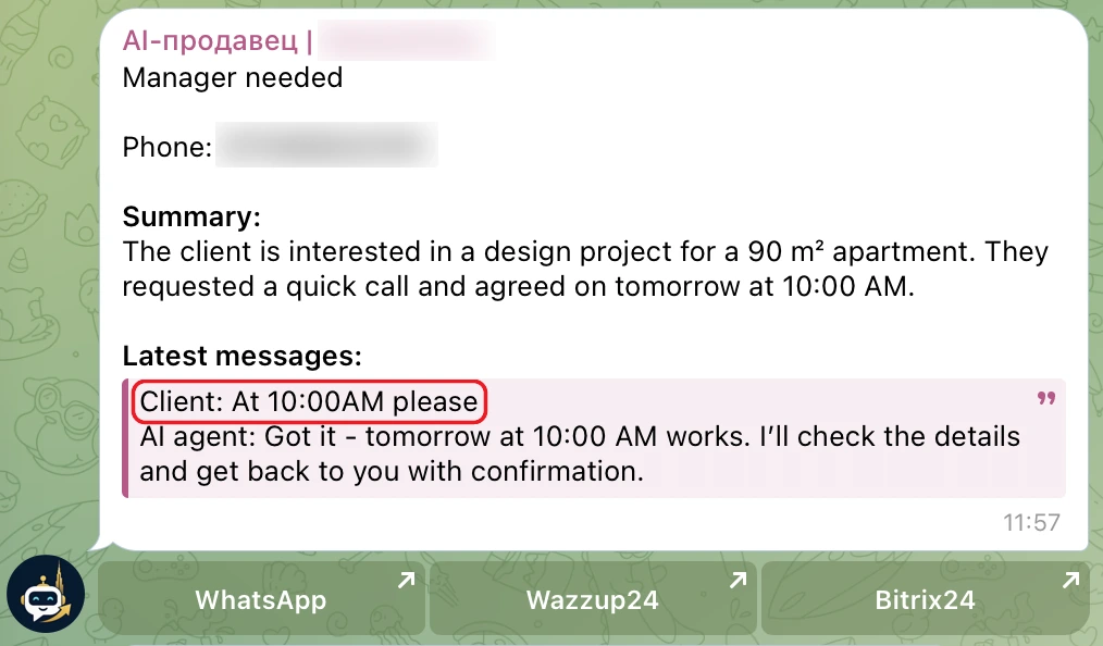 A summary for the manager: a design project for a 90 sq m apartment, a quick call agreed for tomorrow at 10:00 AM; the client writes At 10:00AM please