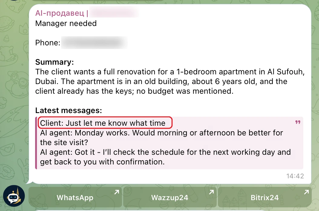 A summary for the manager: a full renovation of a 1-bedroom apartment in Al Sufouh, Dubai; the client writes Just let me know what time, and the AI agent offers a Monday morning or afternoon site visit