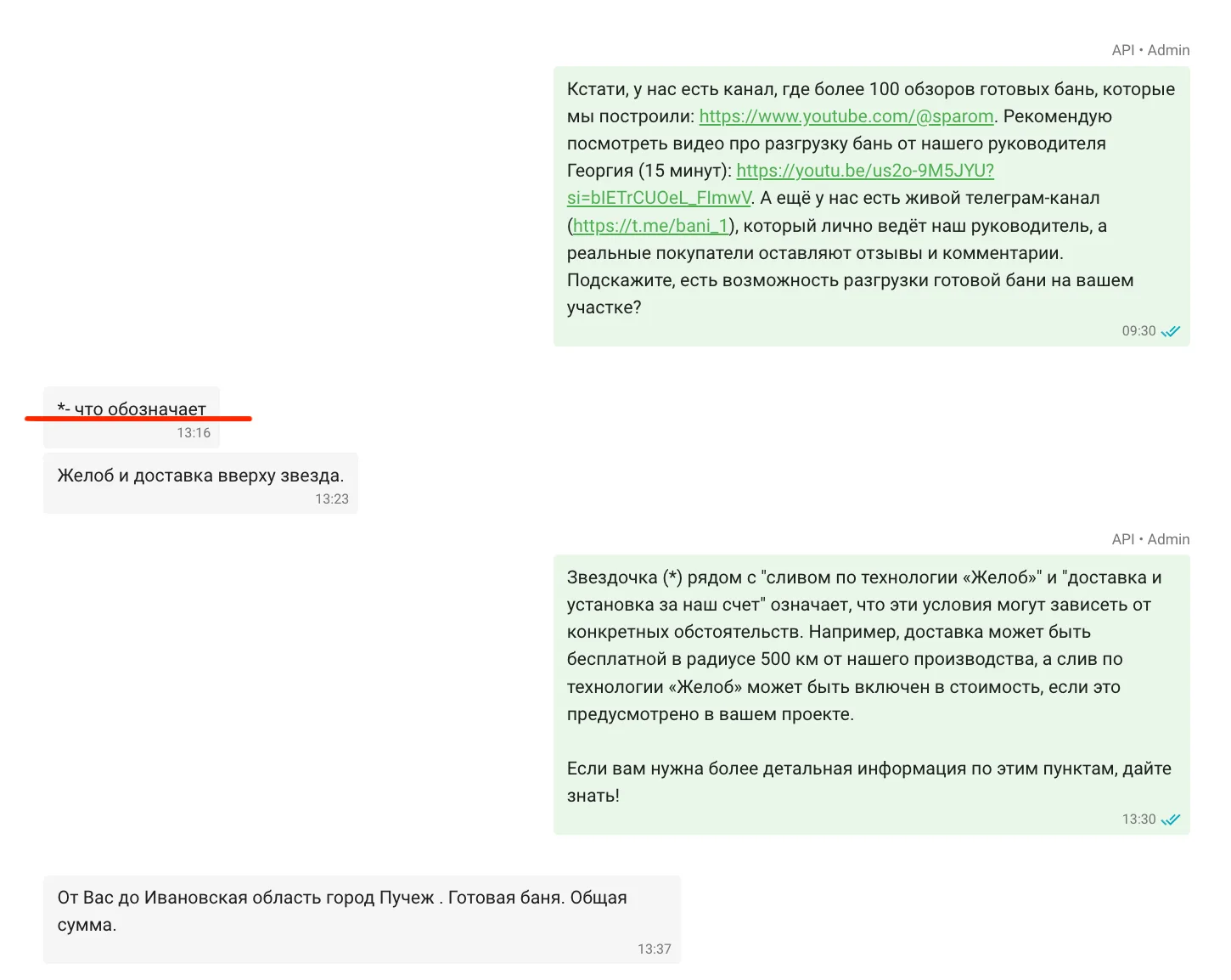 ИИ-продавец объясняет значение звёздочки: условия по доставке (500 км бесплатно) и технологии Желоб