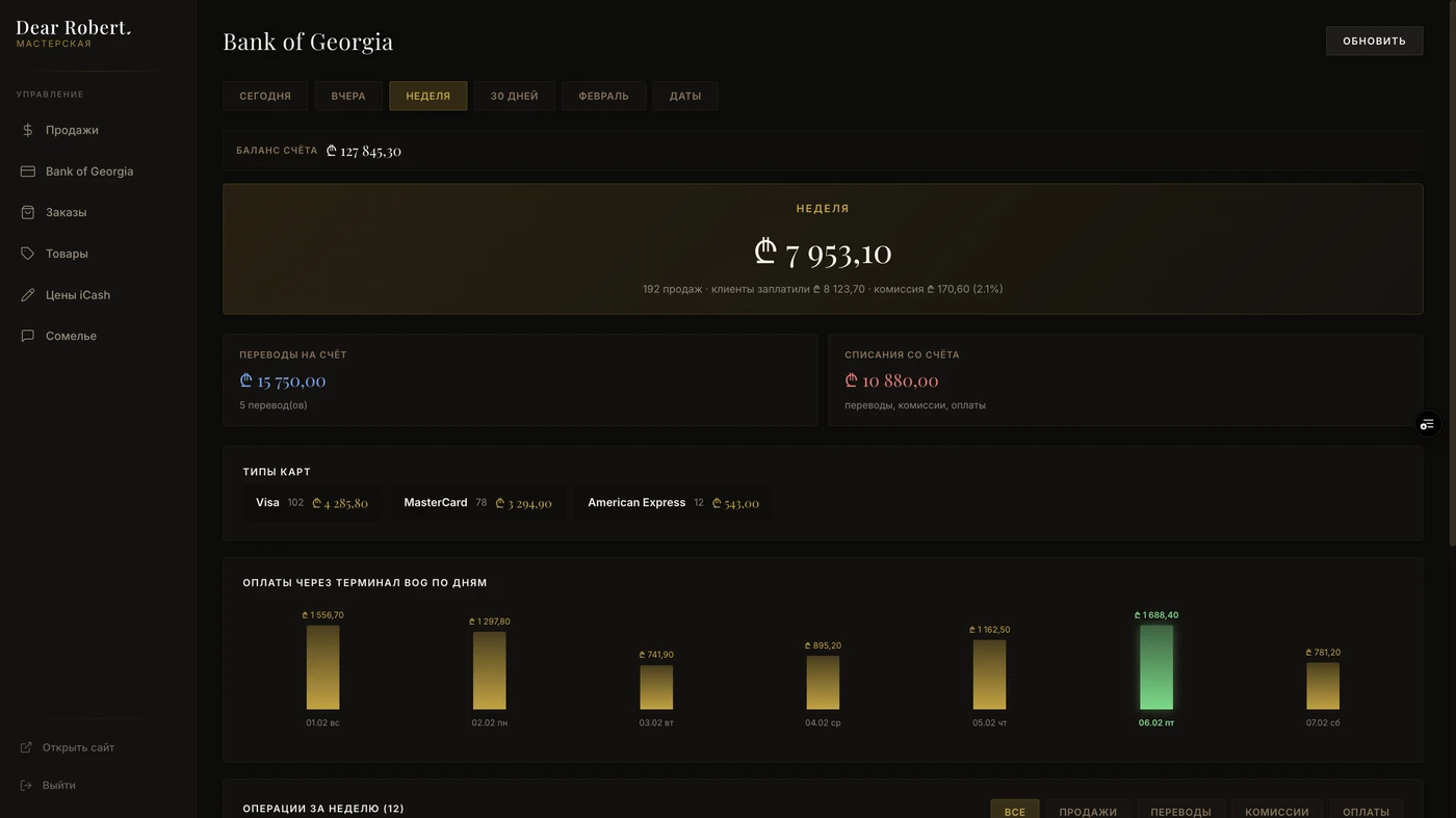 Дашборд Bank of Georgia — баланс счёта, типы карт, график оплат по дням