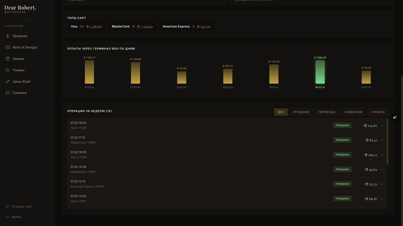 Дашборд Bank of Georgia — операции за неделю с фильтрами