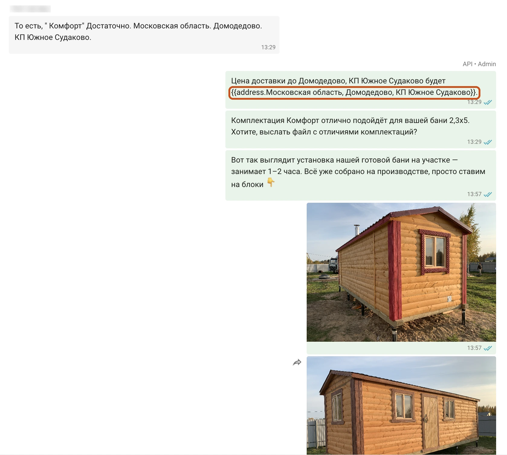 AI вместо адреса доставки бани в Домодедово прислал нераскрытый плейсхолдер из шаблона. Следующим сообщением AI вернулся в продажу. Диалог не сорвался