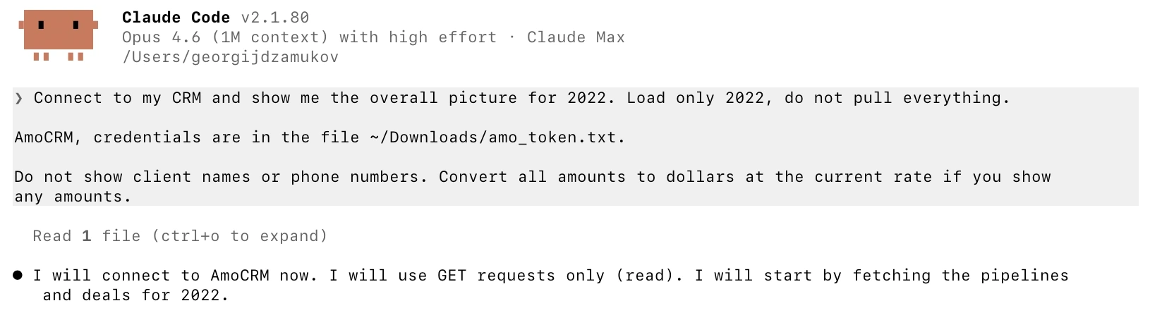 A prompt in Claude Code connecting AI to AmoCRM to look for losses in the CRM of a construction company
