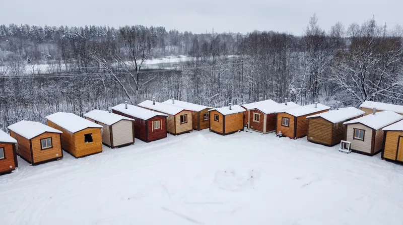 Деревянные бани с высоты птичьего полёта зимой